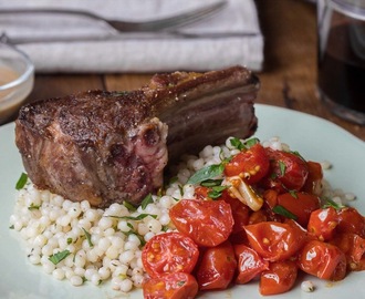 Lamb Chops with Mustard Shallot Sauce, Roasted Tomatoes & Pearl Couscous