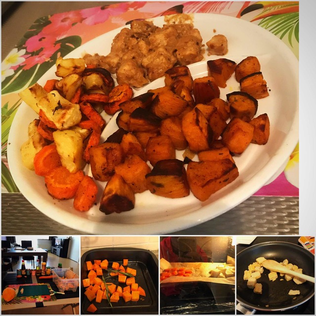 Geroosterde zoete aardappel, pastinaak en wortel met vegetarische DES blokjes in homemade sate saus.