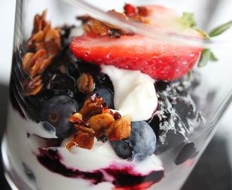 Hjemmelaget gresk yoghurt med chilicruch og bær