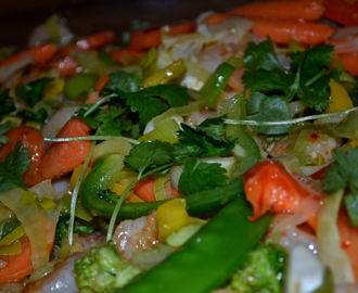 wok med scampi og grønnsaker