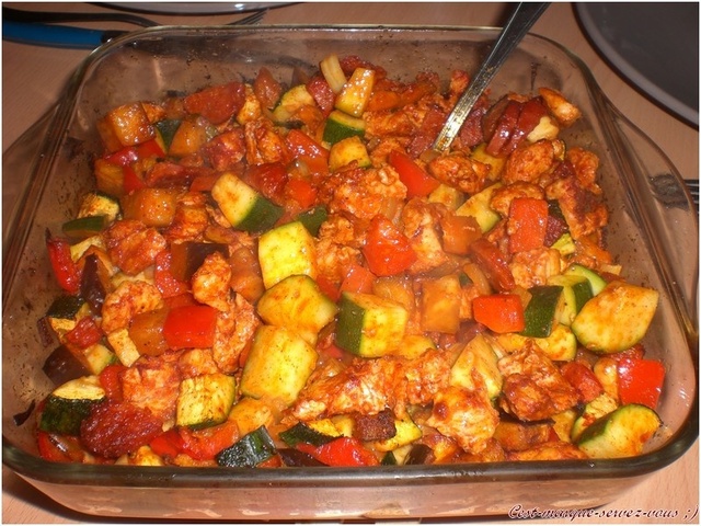 Légumes confits au paprika fumé, chorizo et poulet