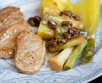 Pork tenderloin with leeks, raisins and warming spices
