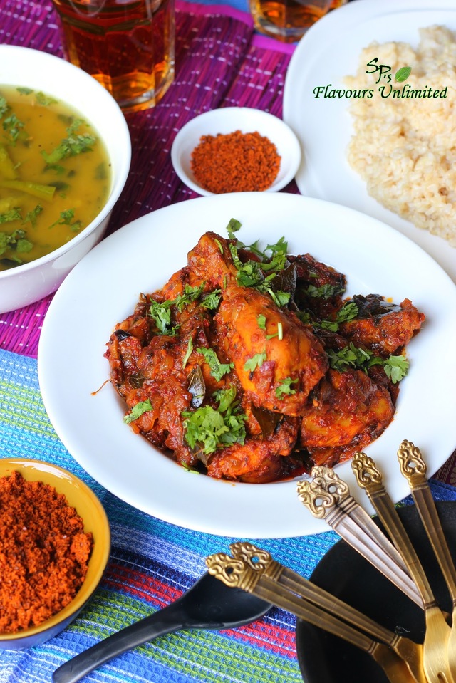 Chicken Ghee Roast served with Dalithoy , Brown Rice and Flax Seeds Chutney Powder - A Pure Country Meal