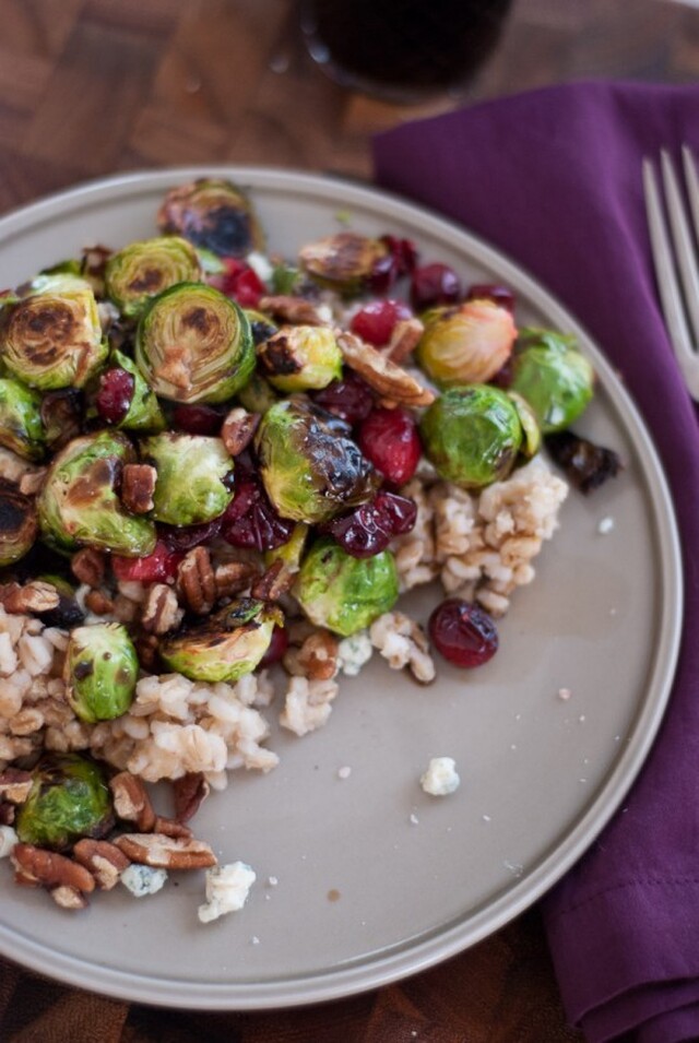 Roasted Brussels Sprouts and Cranberries with Barley