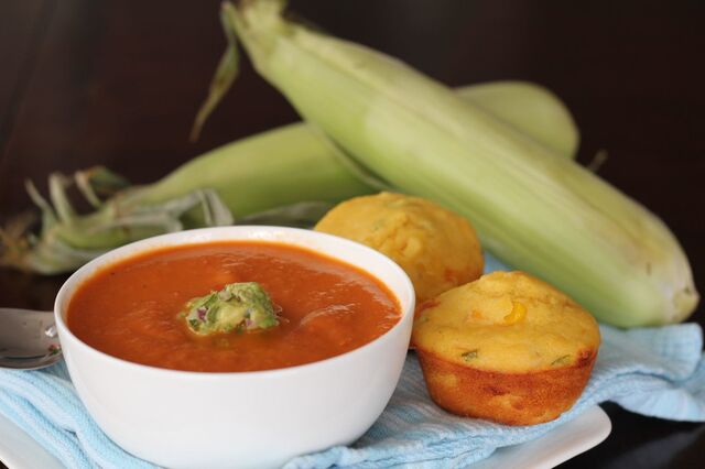 Roasted Tomato Chipotle Soup and Jalapeno Corn Muffins