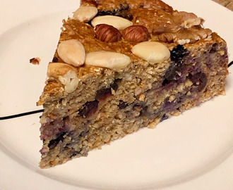 healthy breakfast cake with fruits, nuts and oatmeal