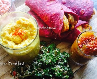 BREAKFAST PERSONAL PLATTER OF TANGY PANEER IN A BEETROOT OATS ROTI WRAP WITH GREEN APPLE DIP, TABBOULEH  AND BHAPA DOI/STEAMED YOGURT -  GOOD HEALTH IN A ZESTY RUBY RED PARCEL TEAMED WITH MOREISH ADD ONS