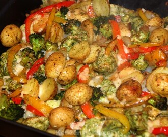 Pesto ovenschotel met krieltjes, broccoli en kip