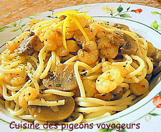 Spaghettis aux crevettes et champignons, sauce crémeuse au basilic et citron