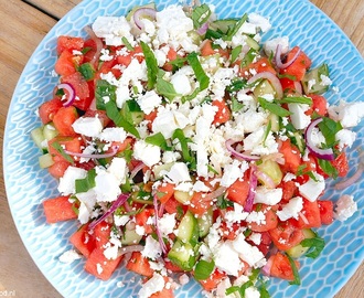 Watermeloen salade met feta en verse kruiden