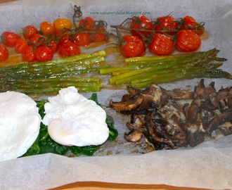 Asparagus, mushrooms, spinach, tomatoes and eggs / Espargos, cogumelos, espinafres, tomates e ovos!