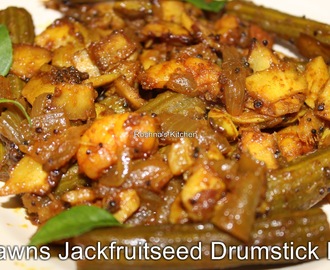Prawns Jackfruitseed Drumstick Fry (Chemmeen Chakkakuru Muringakka Fry)