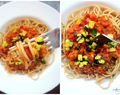 Spaghetti w sosie pomidorowym z soczewicą, marchewką, pietruszką i cukinią - sycący obiad na wyjeździe
