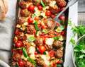 Meatball, tomato and bocconcini tray bake
