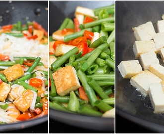 Tofu & nudler med crispy grønnsaker, chili og ingefær