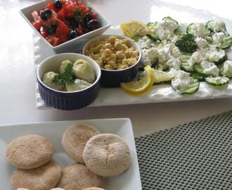 Meze Platter: Hummus, Shrimp Salad, Cucumber Salad