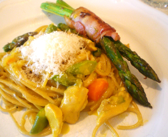 Dagens middagstips: Spagetti med zafran, kylling og asparges