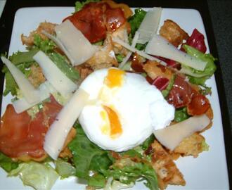 Warm Bread Salad of Crispy Pancetta, Parmesan and Poached Egg