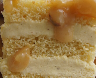 le dessert rapide et total bluffant: layer cake à la glace à la vanille, sauce caramel au beurre salé d'automne aux poires,noisettes et raisins secs