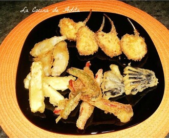 Chuletas de lechal, a la villeroy, con verduras en tempura