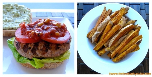 Dining with the Doc: Salsa Turkey Burgers with Avocado Crema and Oven Roasted Sweet Potato Wedges