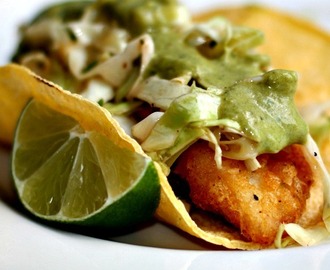 Beer Battered Fish Tacos with Chipotle Slaw and Roasted Poblano Sauce