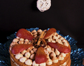 Cinnamon and chestnut layered cake with mulled wine poached pears