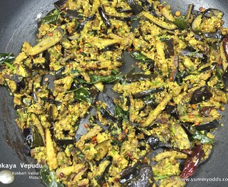 Vankaya Vepudu w/ Kobbari Velluli Masala ~ Eggplant Fry w/ Garlic & Coconut Spices