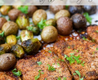 Ranch Pork Chop Sheet Pan Meal with Potatoes and Brussel Sprouts