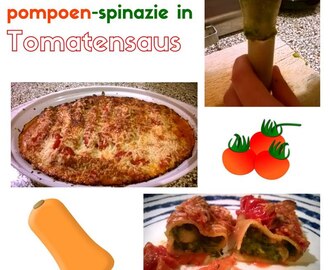 Cannelloni gevuld met pompoen-spinazie in tomatensaus