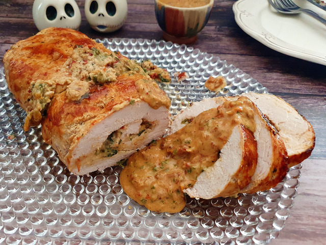 Pork loin stuffed with spinach and sundried tomatoes