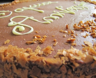 Gâteau d'anniversaire: Entremet multi-couches au gianduja, insert lait d'amandes, dacquoise noisette et crème citron chocolatée