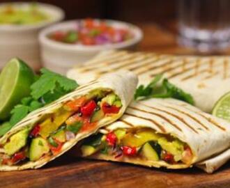 Grilled vegetable wraps with salsa and guacamole