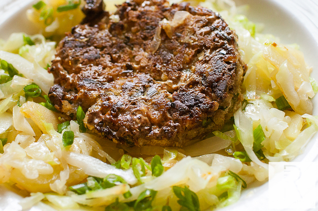 Vegan Farmhouse Veggie Burger and Russian Fried Cabbage