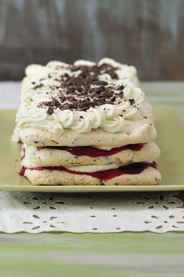 Chocolate Meringue Layer Cake with Fresh Raspberry and Mint Cream Filling