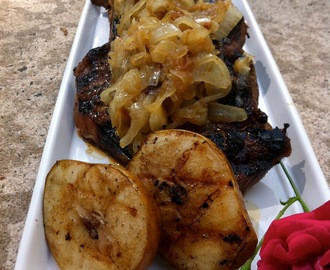 Asian Grilled Pork Chops with Grilled Pears and Caramelized Onions