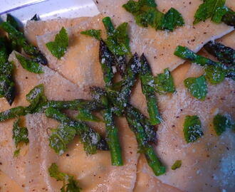 Minted Creamed Asparagus and Ricotta Ravioli with Asparagus Tips
