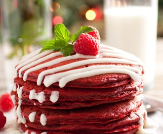 Red Velvet Pancakes with Cream Cheese Glaze {Perfect for Christmas}