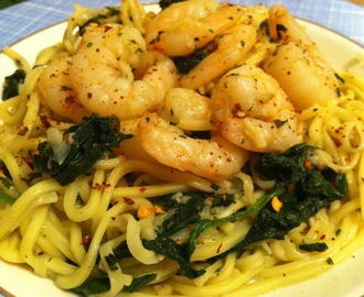 Spicy Garlic Shrimp with Spinach over Noodles