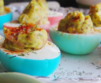 Smoked Salmon Deviled Eggs in Easter colors