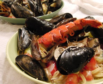 A romantic meal at home...  Pasta with Steamed Mussels and Lobster, with a Creamy White Wine Sauce