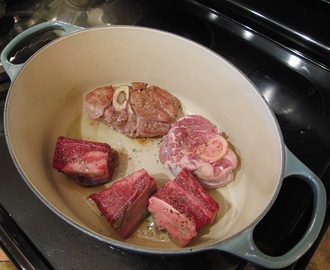 Braising with Le Creuset:  Braised Beef Short Ribs and Veal Shanks, with Stuffed Portobello Mushrooms