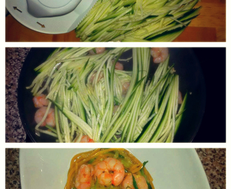 Caril de esparguete integral com courgette e camarão