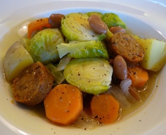 Spicy Vegan Brussels Sprout And Potato Stew With Mexican Chipotle Sausage And Pinto Beans