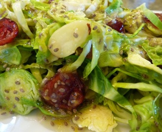 Raw Vegan Brussels Sprouts Salad With Orange Chia Seed Vinaigrette, Dried Cranberries (Or Pomegranate Seeds) And Almonds - Perfect For Thanksgiving!