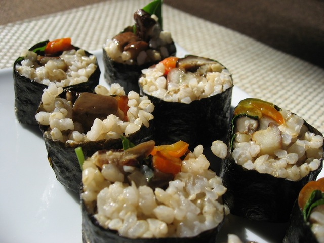 Vegetarian Brown Rice Sushi with Roasted Eggplant, Peppers and Shitake Mushrooms