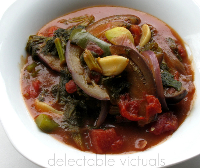 Indian Eggplant, Mustard Greens, and White Bean Soup