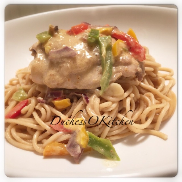 Nigerian Spiced Chicken Sauce served with Spaghetti