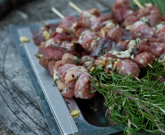 Grilled Rosemary Skewers of Steak Wrapped-In Pancetta and Sausage {Spiedini}