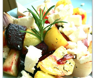 Rostade rotfrukter med feta, lunch i all ensamhet.